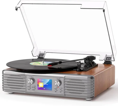 Reproductor de discos de vinilo vintage con altavoces estéreo, tocadiscos Bluetooth de 3 velocidades, grabación USB a PC, pantalla LCD, parada