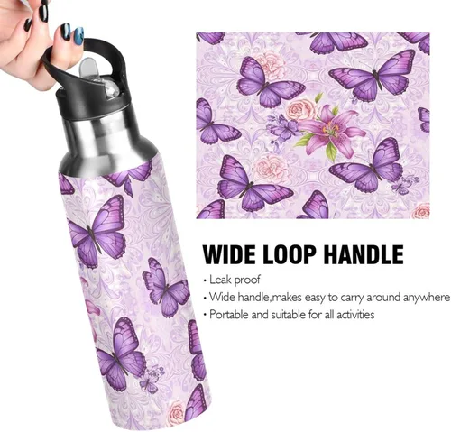 Miniatura 4 de Purple Butterflies Stainless Steel Water Bottle 20 Oz, BPA-Free Sports Water Bottle Leakproof Water Bottles