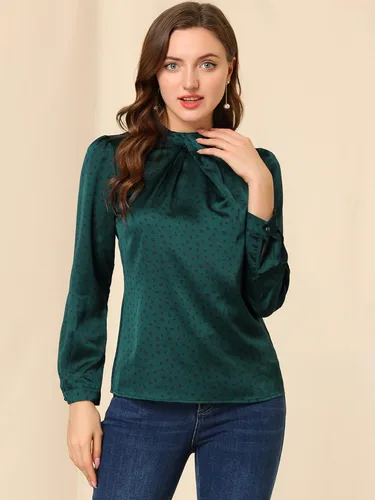 Miniatura 4 de Allegra K Blusa de satén de manga larga abombada con volantes y cuello torcido para mujer