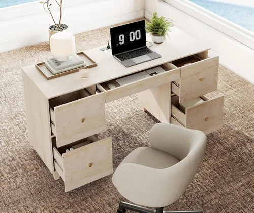 Miniatura 3 de WAMPAT - Escritorio de madera de 58 pulgadas con 4 cajones profundos y estación de carga, roble claro Modern Executive Desk with Keyboard Storage