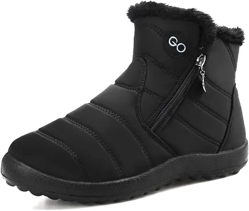 HARENCE - Botas de nieve de invierno para mujer, con forro de piel, cálidas, tipo botines, sin cordones, impermeables, para exteriores y cómodas.