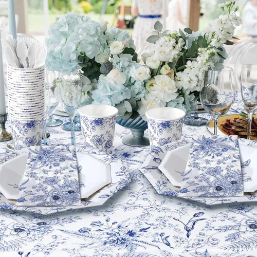 Miniatura 5 de Dandat 402 piezas de juego de vajilla desechable con flores azules para servir a 50 personas, decoración para baby shower, decoración para despedida