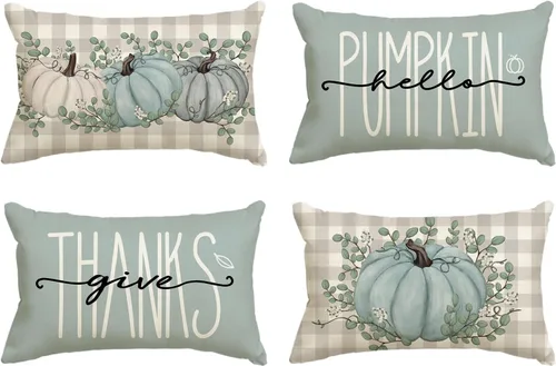 AVOIN colorlife Hello Pumpkin Give Thank - Juego de 4 fundas de almohada de 12 x 20 pulgadas, otoño, Acción de Gracias, hojas de eucalipto,