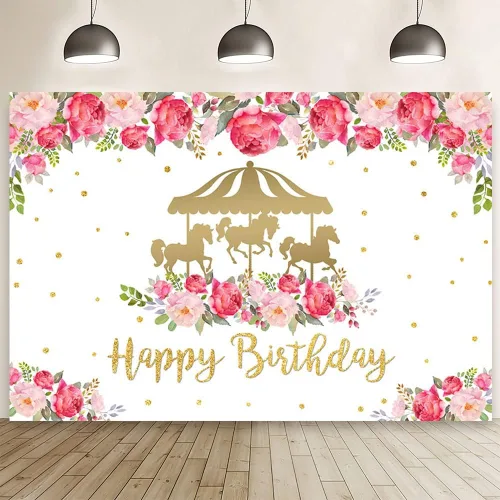 AIBIIN Telón de fondo dorado de 7 x 5 pies con temática de carrusel de feliz cumpleaños para niña, flores rojas y rosadas, decoración de fiesta de