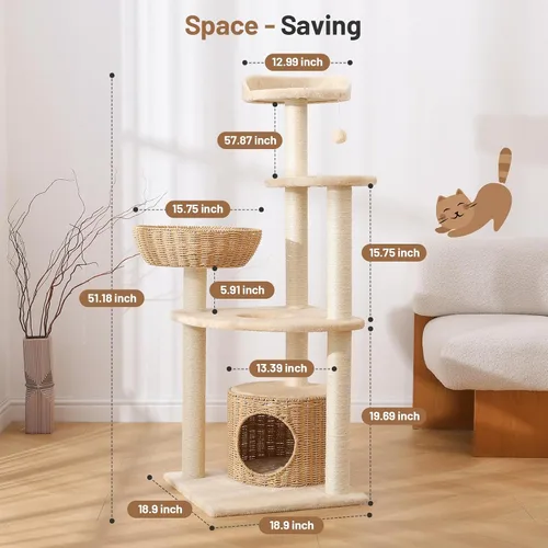 Miniatura 7 de Moderno árbol de ratán para gatos, torre de escalada alta y resistente con poste rascador, cesta, cama y soporte para gatos adultos grandes