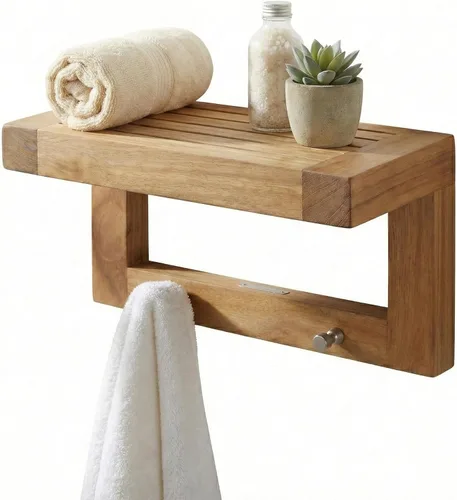 Miniatura 6 de Estante de pared plano de teca Moa de 12" con ganchos