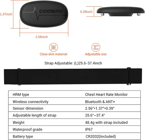 Miniatura 3 de COOSPO Banda de monitorización de frecuencia cardíaca para el pecho, sensor de frecuencia cardíaca Bluetooth ANT+ con batería de 400H, HRM