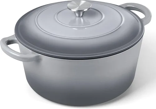 Miniatura 10 de P&P CHEF Horno holandés esmaltado de 5 cuartos de galón, olla holandesa de hierro fundido con tapa para hornear pan, olla esmaltada para asar, Caqui