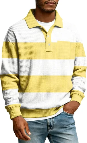 Miniatura 32 de Camisas de manga larga con botones a cuadros para hombre, con cuello de manga larga, estilo casual, elegante, a cuadros 2- amarillo