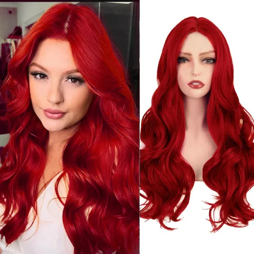 Miniatura 8 de Peluca larga ondulada negra y roja para mujer, color rojo y negro, degradado, sintética, resistente al calor, para disfraz de cosplay