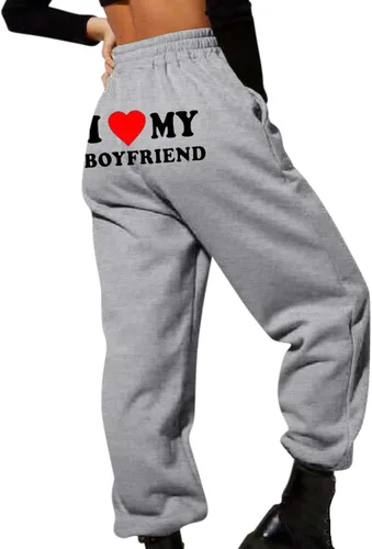 I Love My Boyfriend - Pantalones deportivos a la moda, elásticos, de cintura alta, pantalones deportivos casuales de forro polar sueltos, pantalones