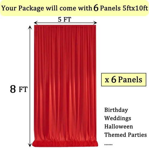 Miniatura 2 de Paneles de cortinas de fondo rojo sin arrugas de 30 x 8 pies para fiestas, cortinas de fondo de fotos de poliéster, 6 paneles de 5 x 8 pies