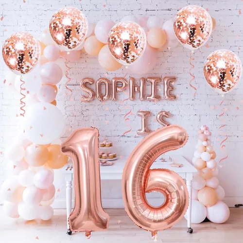 Miniatura 6 de Globos de cumpleaños número 16 para niñas, globos autoinflables de papel de aluminio de 40 pulgadas número 16 con globos de confeti de oro rosa, Oro