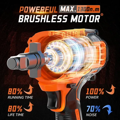 Miniatura 4 de Llave de impacto inalámbrica 1500N.m, llave de impacto de alto par sin escobillas de 1/2 pulgada 21 V con 2 baterías de 4.0 Ah, 6 enchufes, cargador
