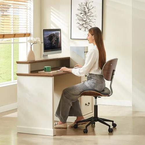 Miniatura 5 de Bestier Silla de oficina pequeña con soporte de respaldo de madera curvada, silla de escritorio sin brazos con giro de 360°, silla de computadora