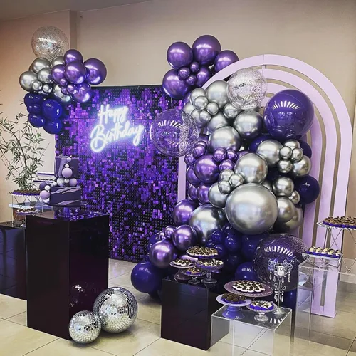 Miniatura 5 de Globos morados y negros, metálicos, 12 pulgadas, globos de látex de confeti morado para Halloween, cumpleaños, bodas, graduaciones, decoraciones