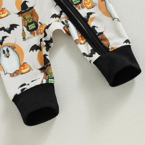 Miniatura 6 de Wrrkayly Ropa de Halloween para bebés niños y niñas, recién nacidos, manga larga, con capucha, mameluco de calabaza, fantasma, con cremallera