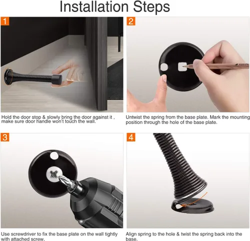 Miniatura 5 de Paquete de 10 topes de puerta de resorte negros - Tapón de puerta flexible y resistente con rosca, tapón de puerta de pared con puntas de Níquel
