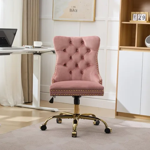 Silla de oficina en casa de terciopelo con base de metal dorado y ribete de cabeza de clavo, moderna silla de trabajo tapizada giratoria tapizada,