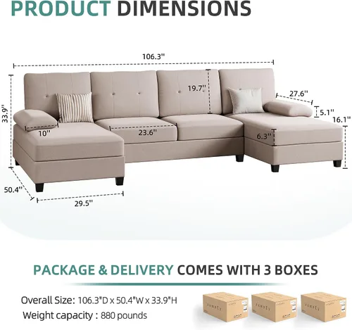 Miniatura 2 de JAMFLY Sofás seccionales para sala de estar, sofá en forma de U, juegos de muebles de sala de estar, sofá modular de 4 asientos con diván, beige