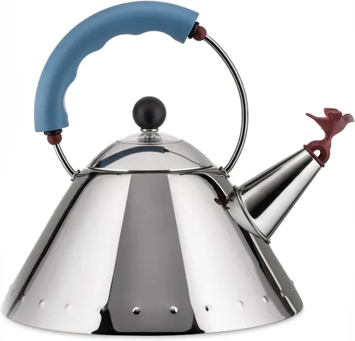 Alessi 9093 - Design Kettle with Handle and Bird-Shaped Whistle, Stainless Steel and PA, Light Blue