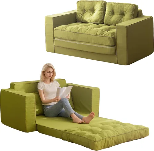 YOSHOOT Sofá Cama Loveseat, Sofá Convertible de 55" Sofá Cama Sillón Futón para Sala de Estar, Sofá de Piso Extraíble 3 en 1 con Respaldo y verde