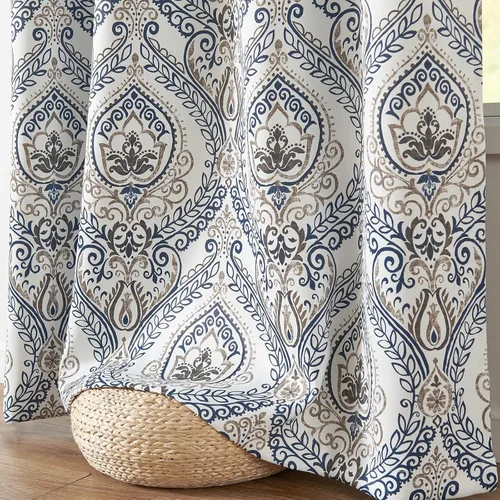 Miniatura 6 de jinchan Cortinas opacas de 90 pulgadas de largo, 2 paneles de medallón de damasco azul, cortinas de ventana para dormitorio, con ojales, aislamiento