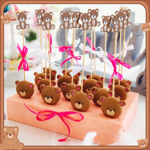 Miniatura 6 de Tioncy 100 unidades de palillos de cóctel con diseño de oso, palillos de dientes de oso de 4.7 pulgadas para aperitivos, pinchos de bambú