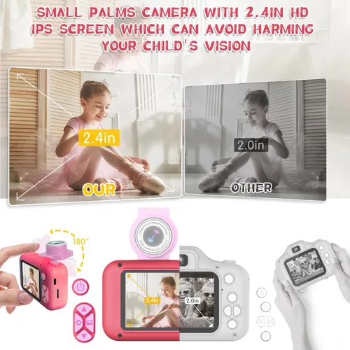 Miniatura 2 de ARNSSIEN Cámara para niños, cámara digital de juguete para niños pequeños con lente abatible de 180°, pantalla IPS de 2.4 pulgadas, tarjeta de 32