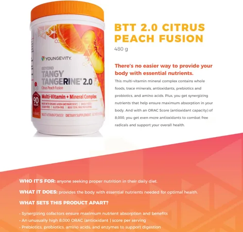 Miniatura 4 de Youngevity Beyond Tangy Tangerine 2.0 Citrus Peach Ultimate Complejo multivitamínico y mineral, hecho con alimentos naturales y integrales, 8,000