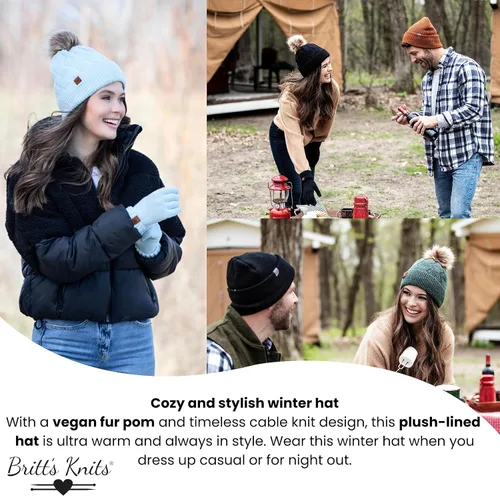 Miniatura 5 de Britt's Knits Gorro de punto cálido para mujer, con forro de felpa, pompón para clima frío
