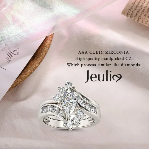 Miniatura 3 de Jeulia - Juego de anillos de boda con corte de marquesa de plata de ley, anillos de compromiso con circonia cúbica y diamante blanco solitario