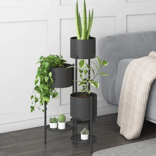 Soporte de metal para plantas, 6 niveles y 6 macetas, color negro, estante de exhibición decorativo plegable para múltiples plantas en maceta,