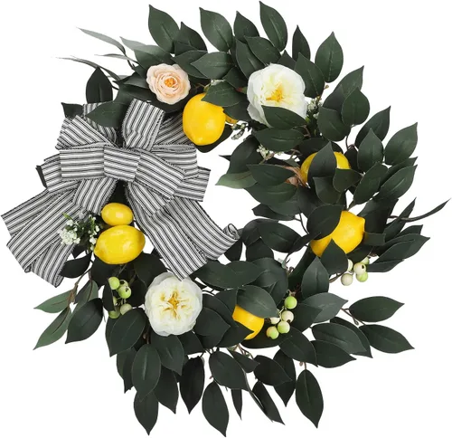 Corona de limón amarillo de 20 pulgadas con rosas y lazo, corona de frutas de primavera y verano, corona de hojas verdes limón para puerta