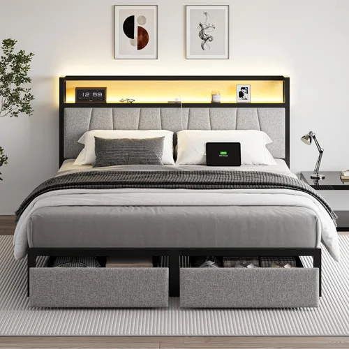 Miniatura 8 de Cikunasi Base de cama tamaño Queen con cabecero y almacenamiento, base de cama con plataforma de cajones con estación de carga y luz LED, Gris