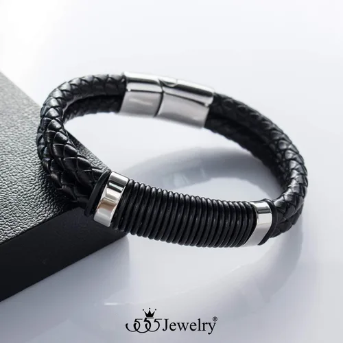Miniatura 4 de 555Jewelry Pulsera de bloqueo de diapositivas de cuero trenzado doble de acero inoxidable