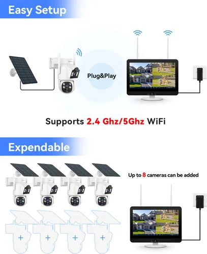 Miniatura 7 de Cámara solar inalámbrica para exteriores, 2 cámaras solares de doble lente de 4MP+ 4MP para sistema de seguridad del hogar con monitor de 12