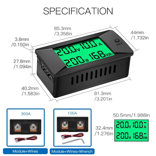 Miniatura 7 de Medidor Monitor de Batería Multifunción DC, 0-300V, 0-100A Shunt Incorporado, Ampliamente Aplicado a Baterías de RV/Coche de 12V/24V/48V, Pantalla