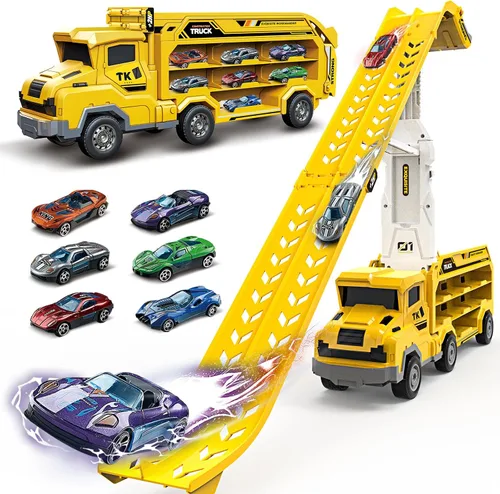 Miniatura 8 de Juguetes de camión para niños pequeños, camión transportador de automóvil de juguete para niños de 3 a 5 4 a 8 años, juegos de pista de autos Naranja
