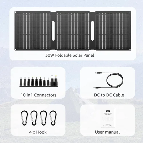 Miniatura 8 de Cargador de panel solar portátil de 30 W, kit de panel solar plegable con salida DC/USB C/USB A para banco de energía, estación de teléfono
