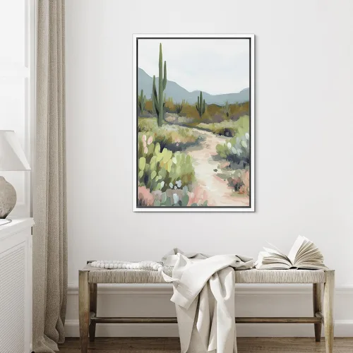 Miniatura 3 de SIGNFORD Lienzo enmarcado para pared, camino del desierto con cactus, naturaleza silvestre, ilustraciones modernas, arte decorativo, rústico
