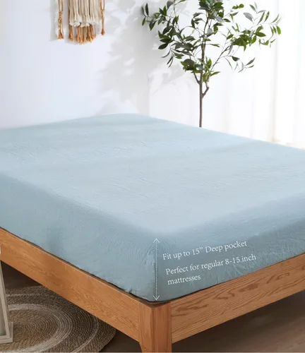 Miniatura 6 de Sábana Bajera de 100% Lino Tamaño Queen (1 Pieza), Sábana de Bolsillo Profundo de 15 Pulgadas para Colchón, Estilo Granja Lavado en Piedra, Suave