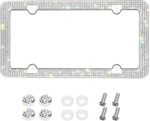 Miniatura 9 de Marco de matrícula Bling de Otostar, hecho a mano con 4 filas de diamantes de imitación brillantes, marco de matrícula de acero inoxidable con 4