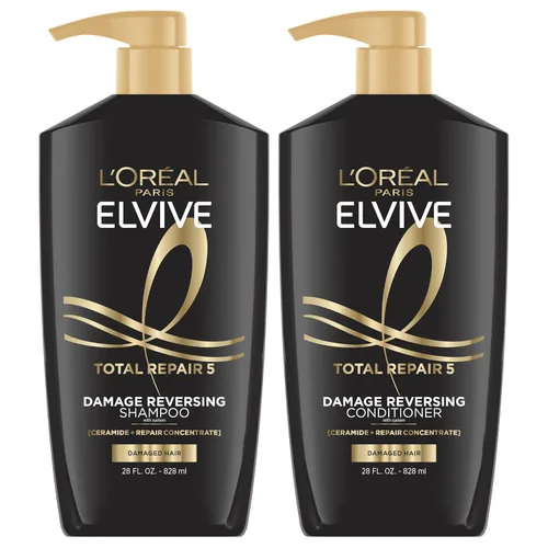 L'Oreal Paris Elvive Total Repair 5 Champú y acondicionador reparador para cabello dañado, 28 onzas (juego de 2) (el embalaje puede variar)