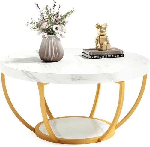 Miniatura 10 de LITTLE TREE Mesa de Centro Redonda, Mesa de Centro Circular de 32" para Sala de Estar, Mesa Central de Acento de Madera de 2 Niveles con Grano