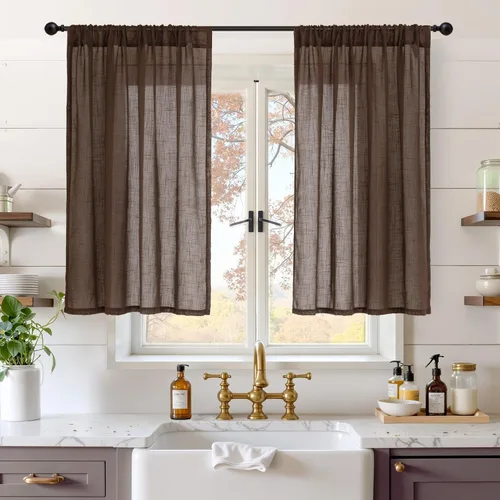 Miniatura 65 de BGment Cortinas de lino café de 30 pulgadas de largo para ventana pequeña, cortinas de media ventana beige semitransparentes ligeras con bolsillo