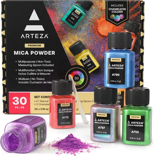 ARTEZA Polvo de mica para resina epoxi, juego de 30, colores surtidos, botellas de 0.18 onzas, polvo de mica para fabricación de velas y Multicolor