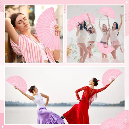 Miniatura 5 de Vercraft 24 abanicos de mano plegables grandes con purpurina para baile de línea, fanáticos de baile con bolsa, aplaudiendo, raves, fanáticos a Rosa