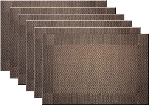 Miniatura 8 de Juego de 6 manteles individuales de plástico lavables para mesa de cocina, resistentes al calor, de vinilo tejido, para exteriores, 12 x 18 Dorado