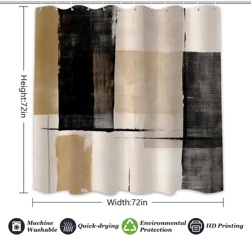 Miniatura 7 de Cortina de ducha negra y beige para baño, juego de cortina de ducha boho blanco, marrón, beige y crema, pintura al óleo abstracta de tela moderna
